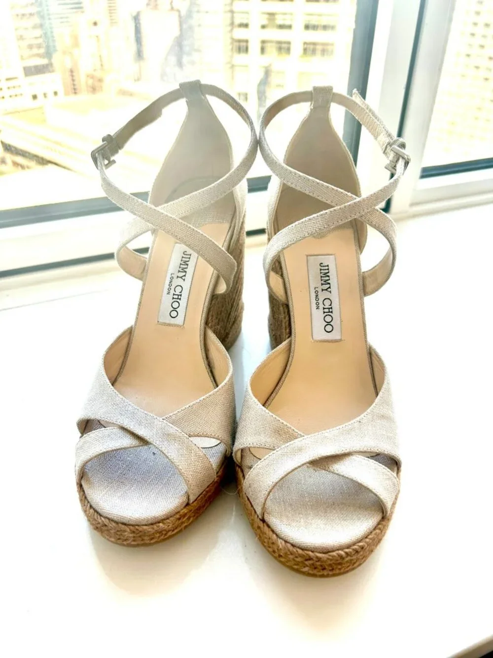 Jimmy Choo Alanah 105mm Linen Wedge Espadrilles in Nude/Metallic Size 40 US 9